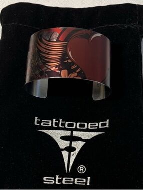 New Tattooed Steel 'Crazy Heart' Red & Black Wide Cuff Bracelet. Eclectic